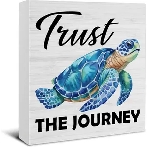 Sea Turtle Decor - Beach House Decor - Rustic Trust the Journey Wooden Sign Home Office Beach Wall Shelf Desk Decoration - 5 x 5 Inches