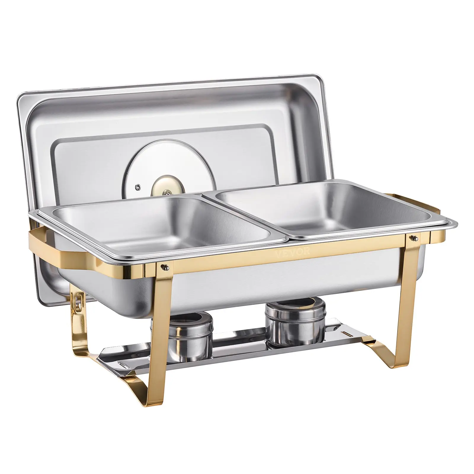 【toolupgrade】VEVOR 2-Piece 4x4Qt Half-Size Rectangle Stainless Steel Stylish Gold Chafing Dish Warmer, Bakeware with Heat/Cold Hold, Foldable Storage, Pasta/Soup Clip, Lid Window View, Wedding Buffet Serving (DealsForYouDays Promotion)