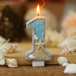 1pcs Birthday candles numbered 0-9, DIY candles for cake decorations and parties, ocean-themed decorations featuring beaches and starfish, suitable for birthdays, weddings, and celebrations, perfectly complementing cakes and desserts.