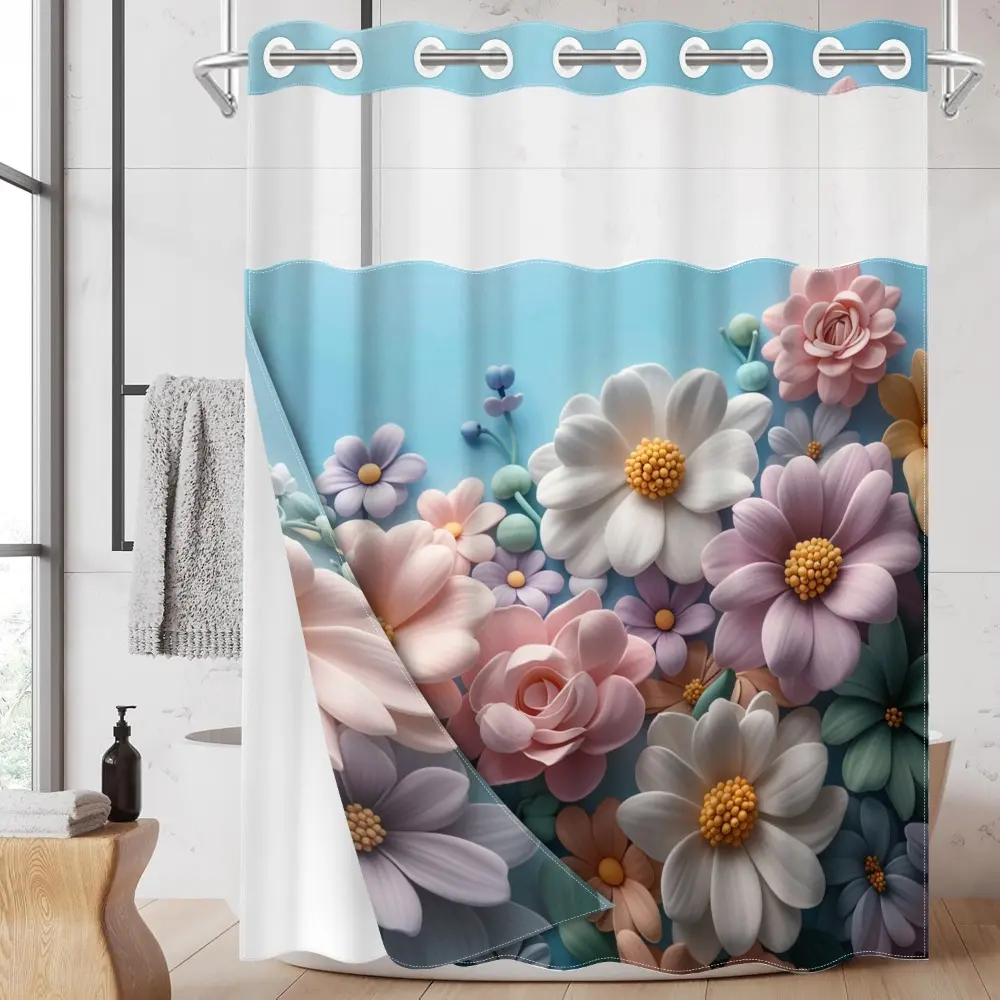 1pc hookless flower shower curtain with buckle lining, pink and white floral design, 2D flat printing, fabric waterproof lining, 71 x 74 inches, Bathroom Shower Equipment, Shower Curtain Liner, Decorative shower curtain, Bathroom Supplies