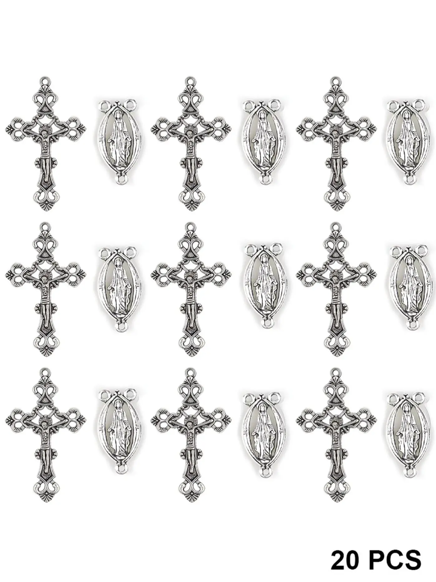 20pcs Vintage Silver Bead Cross Pendant Accessories, Alloy Crucifix Charms, Charms for necklaces, Diy With Charms for Catholic Virgin Mary Prayer Necklace Jewelry Making, Alloy Material, Choking Hazard