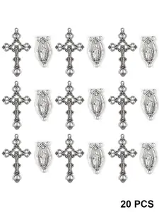 20pcs Vintage Silver Color Bead Cross Pendant Accessories, Alloy Crucifix Charms for Catholic Virgin Mary Prayer Necklace Jewelry Making Religious Jewelry DIY Jewelry Making, Alloy Material, Choking Hazard