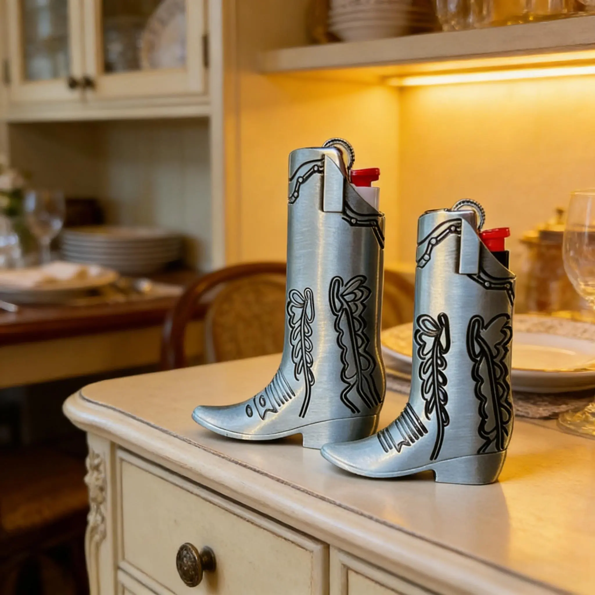 Silver Metal Cowboy Boot Lighter Holder, Lighter Accessories for Mini Bic J5/J6, Suitable for Home Use or Everyday Carry