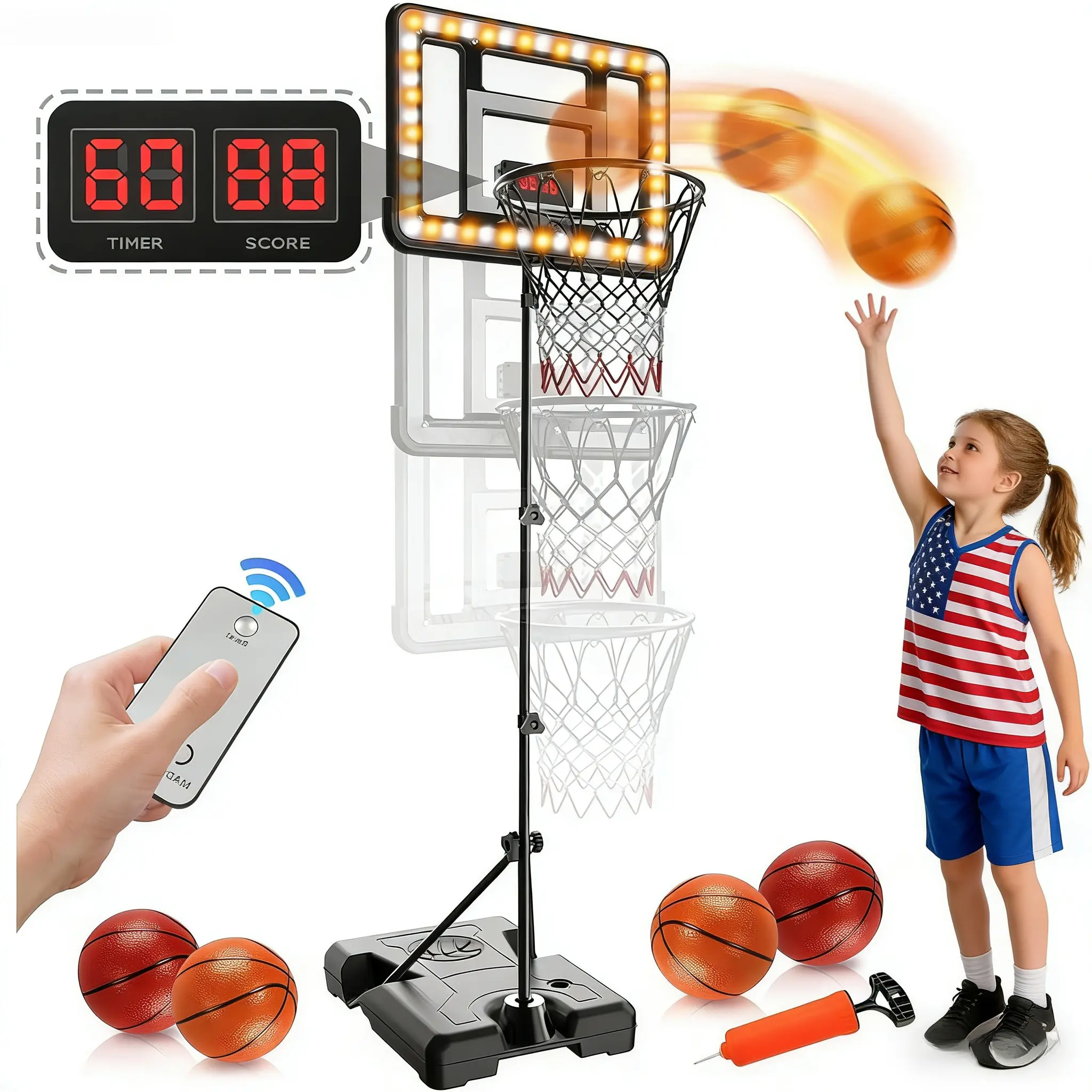 Mother's Day gift-Children's Basketball Hoop for Indoor Outdoor,Adjustable Height 2.9ft-5.9ft Toddler Basketball Hoop with LED Light and Scoreboard,suitable for 3+Years Boys Girls Backyard Sports Game Gift Indoor-Outdoor mini Hoop Set sound effect kid tik