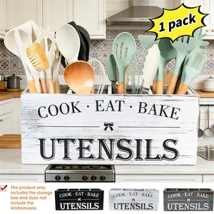 Utensil Holder Rustic Utensil Caddy Utensil Crocks With 3 Compartments For Kitchen Counter, Kitchen Wooden Utensils Organizer, Farmhouse Wood Flatware Utensil Organizer Storage Box For Silverware Fork Spoon Spatula