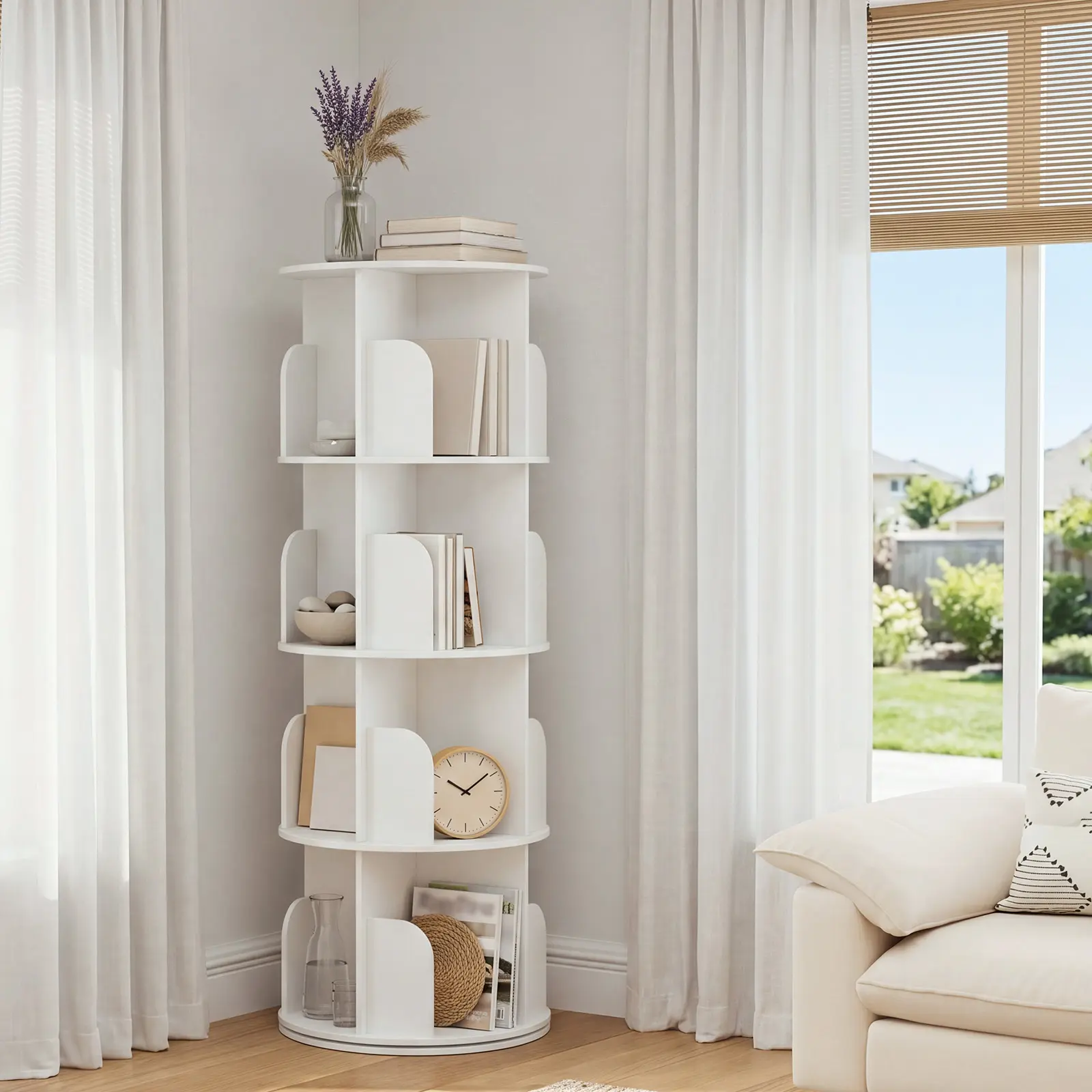 3/4/5-Tier 360° Rotating Bookshelf, Space Saving Freestanding Corner Storage Rack, Round Spinning Bookcase for Books, Toys, Plants & Decor in Bedroom Living Room