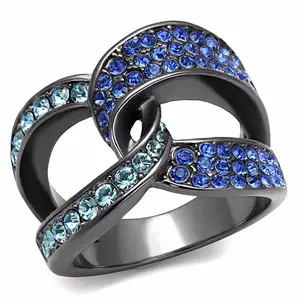 Lanyjewelry Hypoallergenic Non-Natural Crystal Ring - IP Light Black Stainless Steel Band with Sky Blue, Admiral Blue CZs, Simple Design, Daily Wear Hypoallergenic Jewelry
