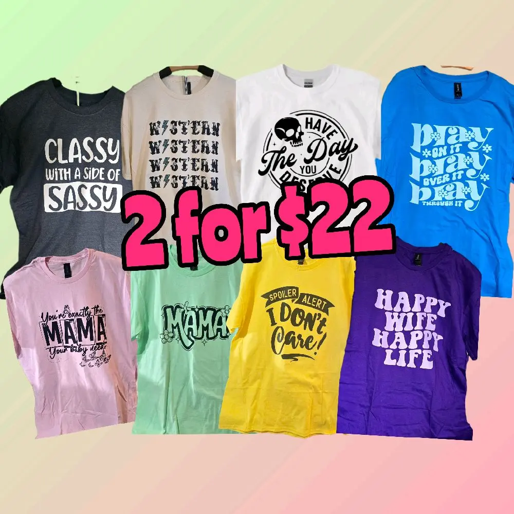 2 for 22 Unisex Size T-Shirts Bundle: Sublimation or DTF Transfers, Casual Tees, Crew Neck Summer Clothes, Cold Wash