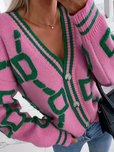 Women's Colorblock Knit Cardigan, Casual Fashion Sweater with Unique Pattern, Spring & Fall Wear, Trendy Outerwear, Knitwear