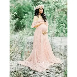 Elegant Off-Shoulder Lace Maternity Dress - White Ball Gown with Contrast Lace Detail, Short Sleeve, Loose Fit, Stretchy Fabric for Pregnant Women, Perfect for All Season Wear