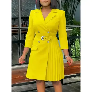 D3284 Chic Bright Yellow Blazer Dress Double-Breasted Belted Pleated Midi Dress 3/4 Sleeve High Waist Tight Fit for Work Office Cocktail Party Elegance Style Womenswear Fashion