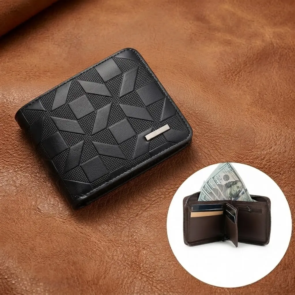 Men's Zip Around Bifold Wallet, Leather Wallet with Multiple Card Slots, Cash Compartment & Geometric Embossed Design