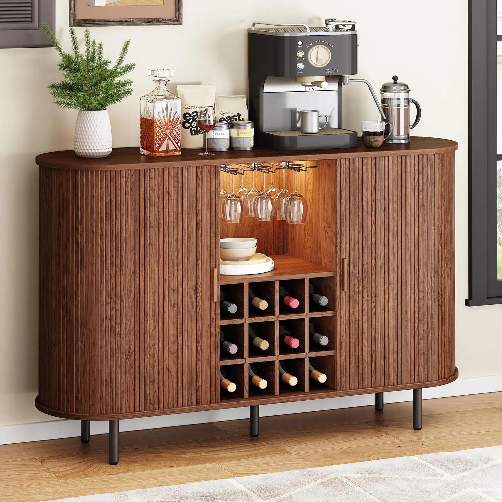 【BackToSchool】ONBRILL 55" Wine Bar Cabinet with Storage, Fluted Liquor Bar for Home, Coffee Bar Cabinet with Wine Rack and Glass Holder, Buffet Sideboard with LED Lights for Kitchen Living Dining Room
