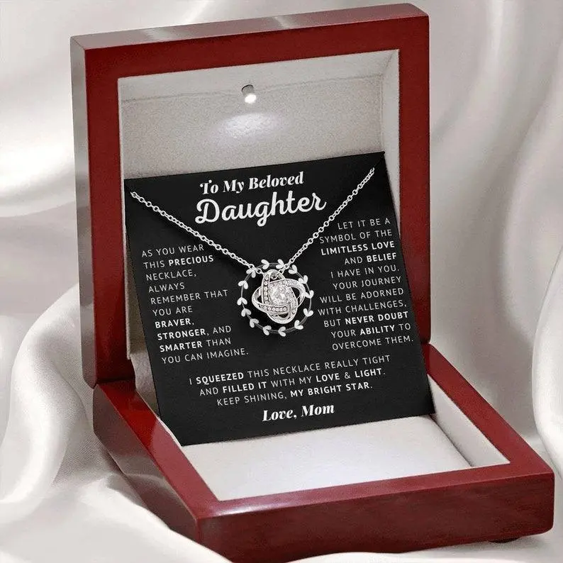 To My Beloved Daughter - Limitless Love Love Knot Necklace | Heartfelt Gift from Mom for Birthday, Graduation, Confirmation, Sweet 16, or Any Special Occasion. A Timeless Present to Celebrate Your Achievements and Our Unbreakable Bond