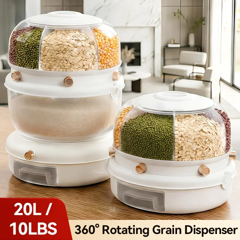Large 360° Rotating Rice Dispenser, 6-Grid Cereal & Grain Storage Container, 20LBS Airtight Food Organizer with One-Click Output, Rotating Candy & Snack Station, 1 Or 2 Tier, Perfect Mother's Day & Housewarming Gift