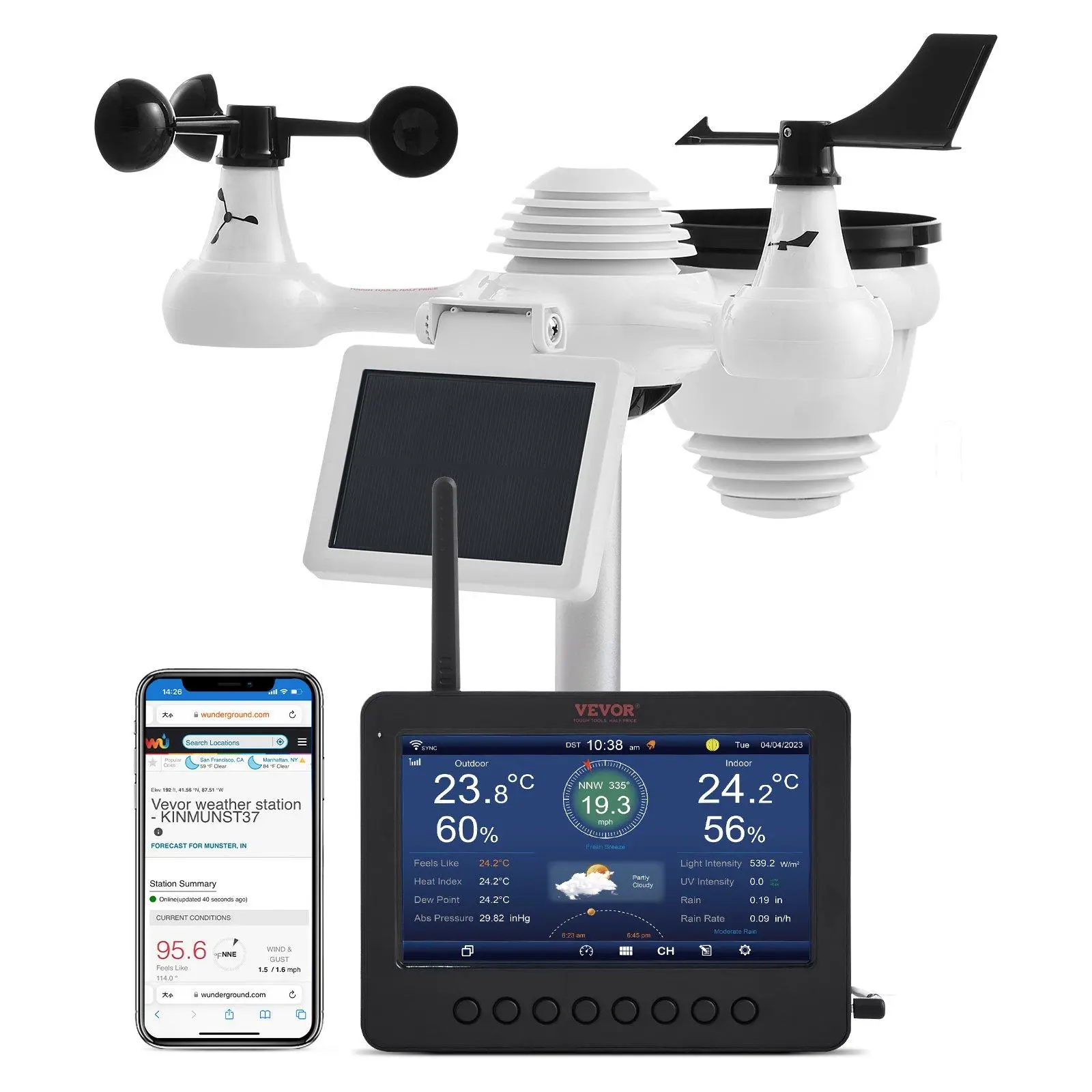 VEVOR 7-in-1 Wireless Weather Station with Wi-Fi, 7" TFT Color Display, Solar-Powered Sensor, Connected Digital Programmable Outdoor Thermometers for Indoor-Outdoor Temp, Humidity, Wind, Rain Monitoring | Father's Day Gift, Connected Outdoor Thermometers