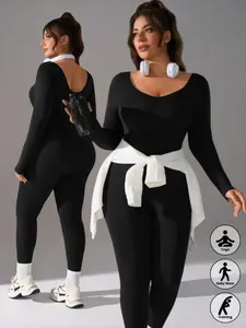 Women's Plus Size Fall&Winter Shapewear Long Sleeve Jumpsuit, Tummy Control&Butter Lift Bodysuit, Moisture-Wicking Comfort Fit, Ideal for Fitness, Yoga, Simple Shapewear for Sport Wear, Sporty Jumpsuit