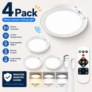 GMOX 4 Pack Rechargeable Motion Sensor Ceiling Light, Magnetic Wireless LED Closet Light with Remote, 3 Color Temperature USB-C Battery Operated Flush Mount Lamp for Hallway Stair Pantry Basement