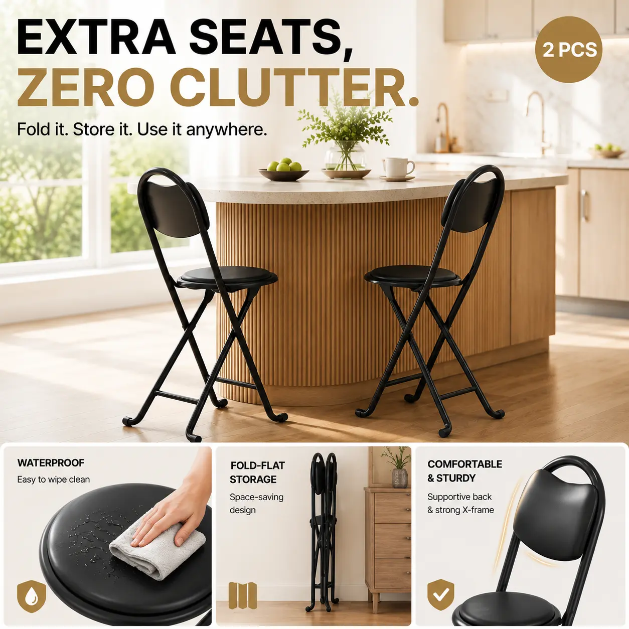 2pcs Folding Stool with Back, Cushioned Padded Folding Stool, Portable Folding Chairs for Outdoor Indoor Kitchen Shop Cafe