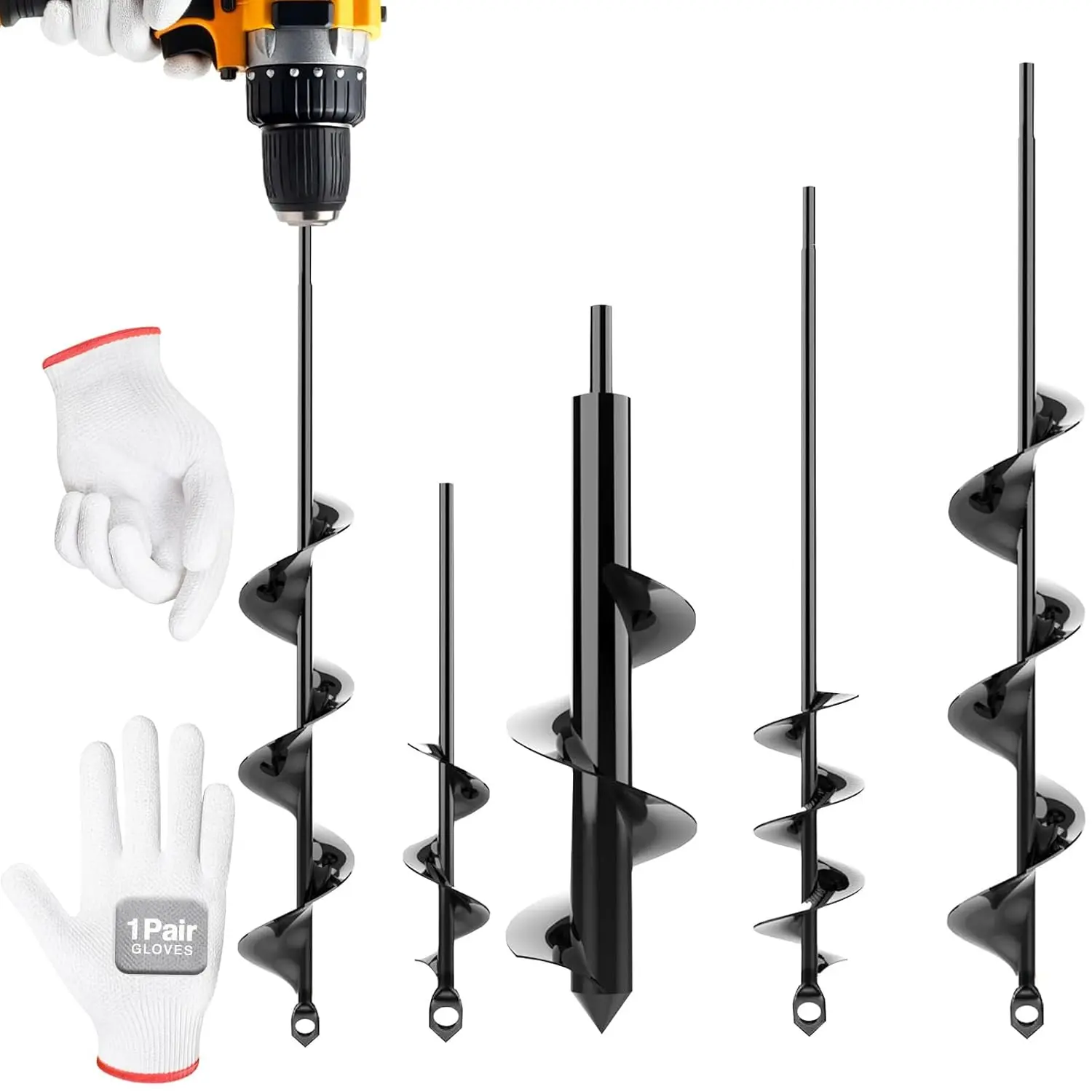 Post Hole Diggers, 4pk Auger Drill Bit for Planting with Gloves - Heavy Duty Garden Spiral and Bulb Planter Tool for Digging Holes - Compatible with 3/8 Inch Hex Drive (1.6 x 8.6 + 3 x 12 + 2 x 14.5 + 2.6 x 16.5 Inch)