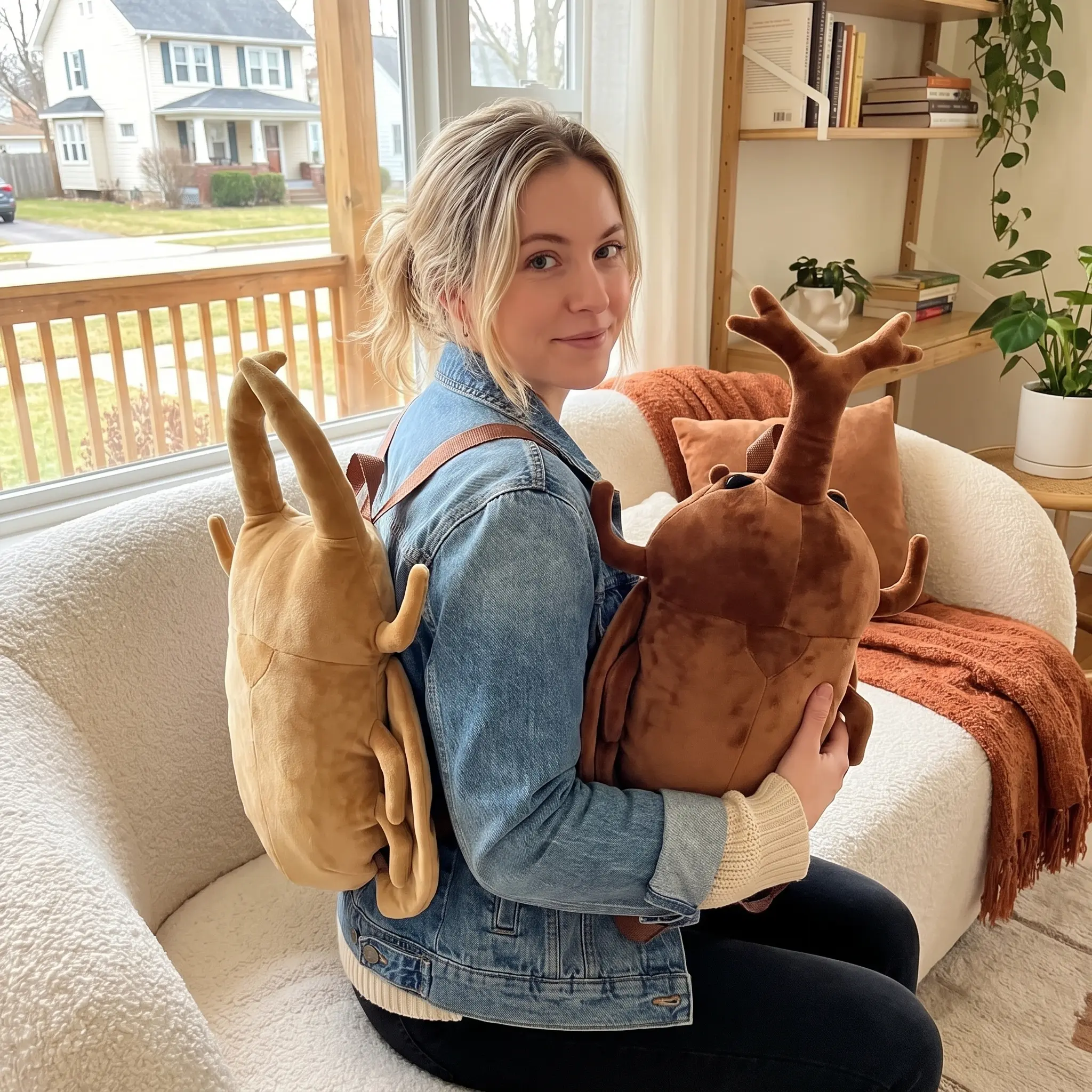 Women's Vintage Plain Plush Insect Backpack - Stuffed Softness Beetle/Mantis Shaped Bag, Kids & Insect Lovers Gift Idea Fashion Backpack