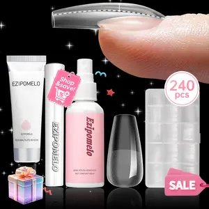 EZIPOMLEO Solid Nail Glue & Instant Apex Nail Tips Set, 240Pcs Pre-Building Pre-Etched Gel Nail Tips Thicker Acrylic Nails Strong Full Cover False Nail Extension Building 15 Sizes,with Solid Nail Glue(30g), Handheld UV Lamp,Remover, Tool kit.