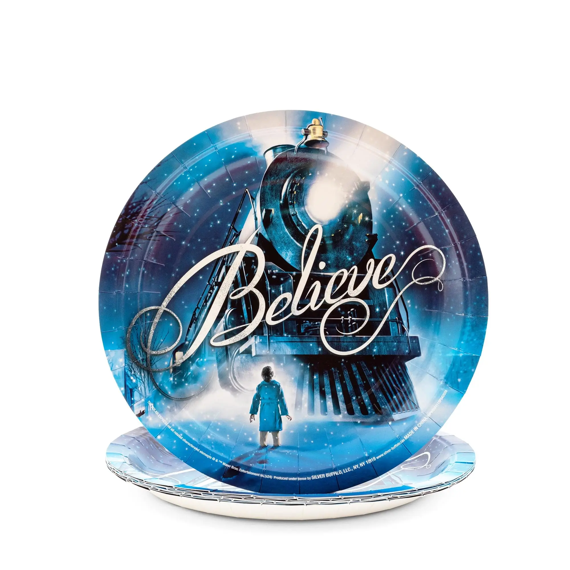 The Polar Express Train Arrival "Believe" Christmas Disposable Party Plates, 8-Piece Round Disposable Plates for Watch Party Festive Tableware