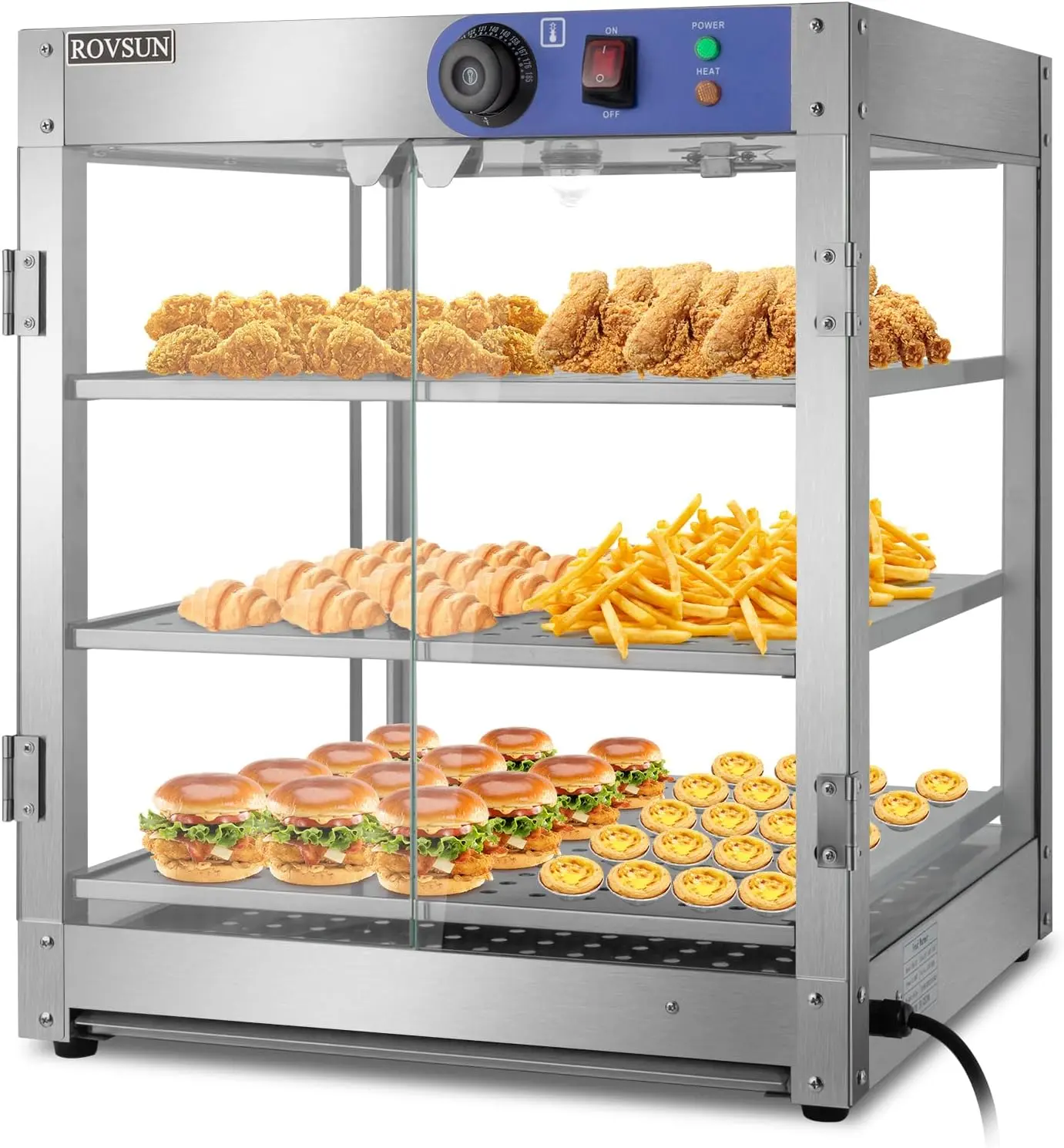 ROVSUN 2/3-Tier Food Warmer, 800W Commercial Food Warmer Display Electric Countertop Food Pizza Warmer with LED Lighting Removable Shelves Glass Door, Pastry Display Case for Buffet Restaurant 110V Chicken Burger Maker