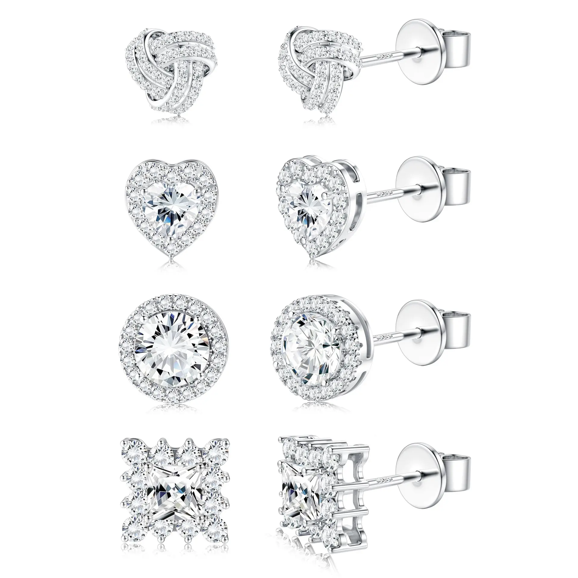 Women's 4-Pair CZ Stud Earrings Set, Sterling Silver Post Hypoallergenic Jewelry for Sensitive Ears, Brilliant Celtic Heart Shaped Fashion Versatile Earrings, Heart Shaped Earrings