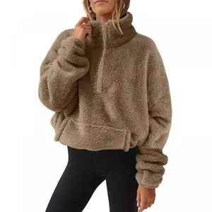 Plush Fleece Half Zip Sweatshirt Women Stand Collar Winter Warm Soft Cozy Casual Pullover Street Style Top