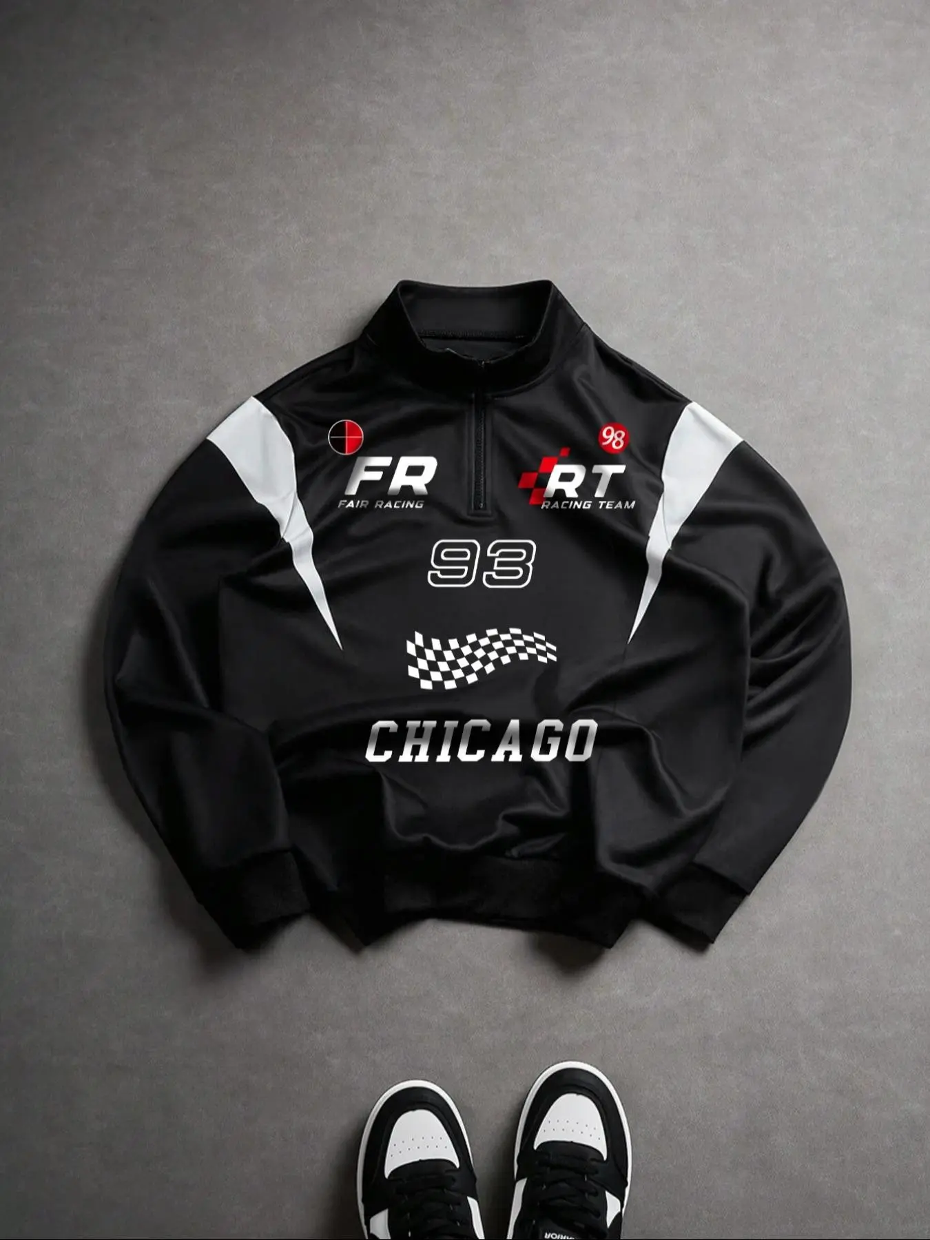 Men's Fr Racing Team Jacket, Trendy Print Design, High Stretch Quick-Dry Fabric, Stand Collar Half Zip, Medium Length, Street Motorcycle Style, Sporty Jacket, Sports Outerwear, Half Zip Sportswear