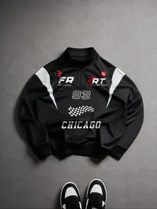 Men's Fr Racing Team Jacket, Trendy Print Design, High Stretch Quick-Dry Fabric, Stand Collar Half Zip, Medium Length, Street Motorcycle Style