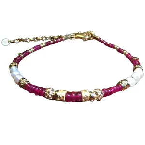 Natural Designed Ruby & Pearl Beads Bracelet 18k Gold Plated Handmade Fine / Birthday / Anniversary Gift