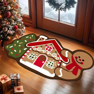 Christmas rug, Decorative rug mat, Christmas gingerbread house shaped rug, living room bedroom rug, Christmas atmosphere home mat, Soft furry pads, suitable for living room, kitchen, entrance, indoor multi-purpose holiday decoration