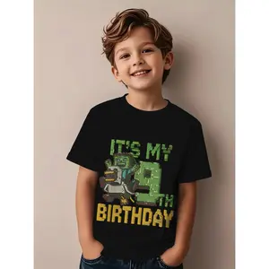 9th Birthday Party Outfit- Children's T-Shirt with "Today is My Birthday" Print- Retro Game Pattern Short Sleeve Shirt- Boys and Girls Black Birthday Top- Machine Washable Celebration Clothing, Casual Wear, Fun Print, Easy Care Children's Style