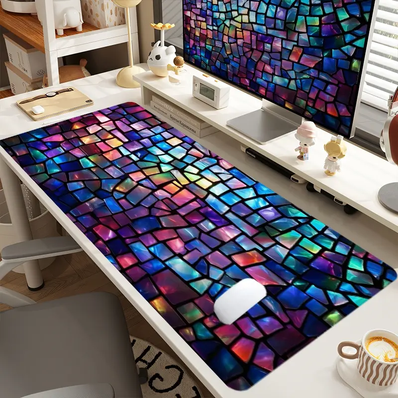 1pc Extra Large Colorful Stained Glass Mosaic Mouse Pad Artistic Desk Pad, Computer Keyboard Mousepad with Non - Slip Rubber Base Durable Stitched Edge Perfect Gift for Home and Office, Desk Accessories, Work Accessories, Cute Desktop Accessories
