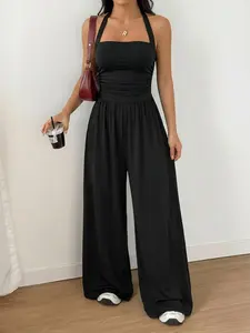 Summer Women's Halter Backless Sleeveless Bodycon High Waist Wide Leg Jumpsuit, Comfortable Drape Fabric, Lightweight Breathable Summer, Overalls