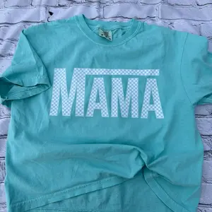 Chalky mint  checkered mama boxy comfort colors modest “crop” tshirt