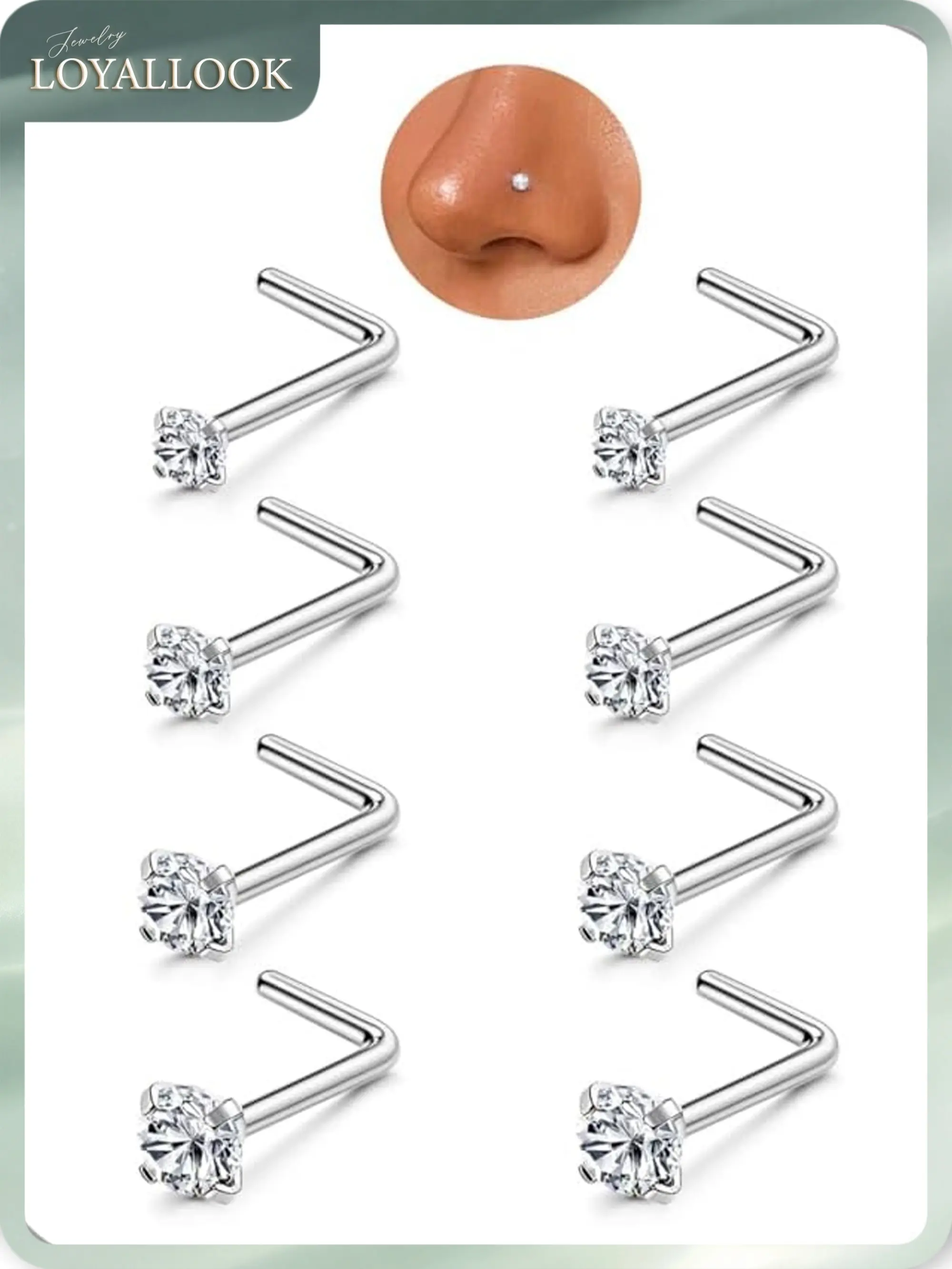 LOYALLOOK 8PCS Titanium Nose Rings, 20G/18G Corkscrew & L Shape Studs, Diamond CZ, Silver & Gold, Hypoallergenic, 1.5mm-3mm