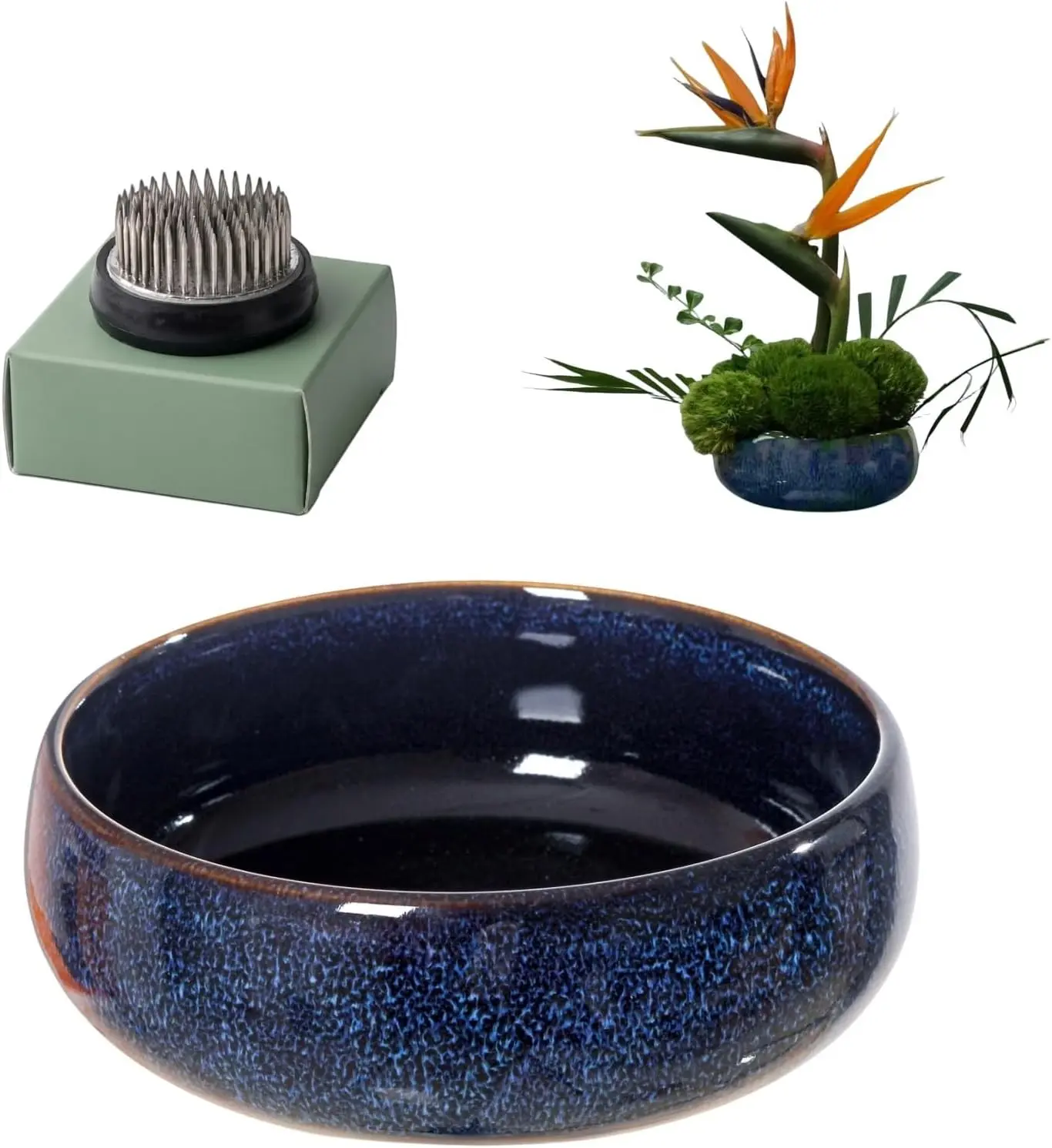 Water Lotus Bowl Planter Kit Japanese Ikebana Vase Set with 1.8" Floral Frog, Ideal for Ikebana Flower Arrangement & Hydroponic Planting, Blue