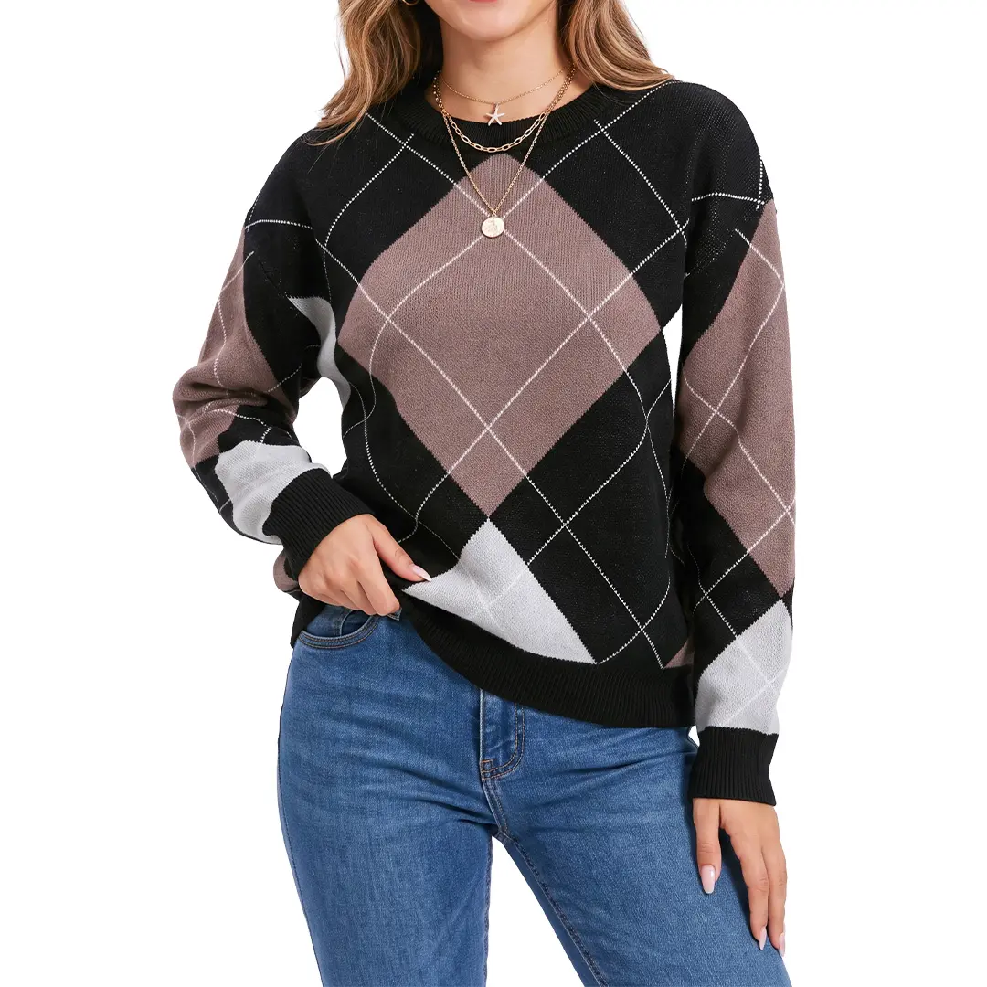 Shewin Argyle Plaid Sweater for Women, Casual Minimalist Drop Shoulder Knit with Ribbed Cuffs in a Viscose Polyester Blend Fabric, Knitwear, Lightweight, Simple