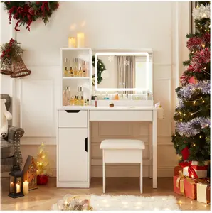 Deluxe 2-Piece Vanity and Stool with Lighted Mirror and USB Power, White Finish