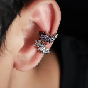 Uj Lightning Shape Ear Clip Hip Hop Trend Zircon Jewelry Unisex Ear Clip Gift Earrings Ear Studs