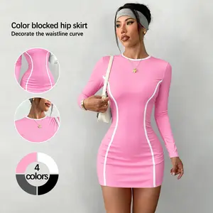 TCVC Long-Sleeve One-Piece Bodycon Pencil Skirt, Striped Design, Slim-Fit & Waist-Cinching