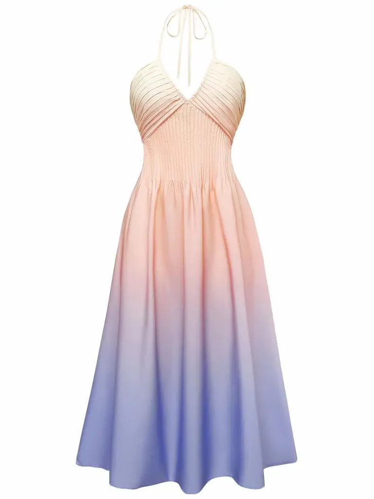 1940S WOMENSWEAR OMBRE DEEP V-NECK HALTER BASIC CASUAL DRESS summer dresses vacation outfits Gradient BackToSchool Sohochic Fall Dresses Fall outfits Fall fashion