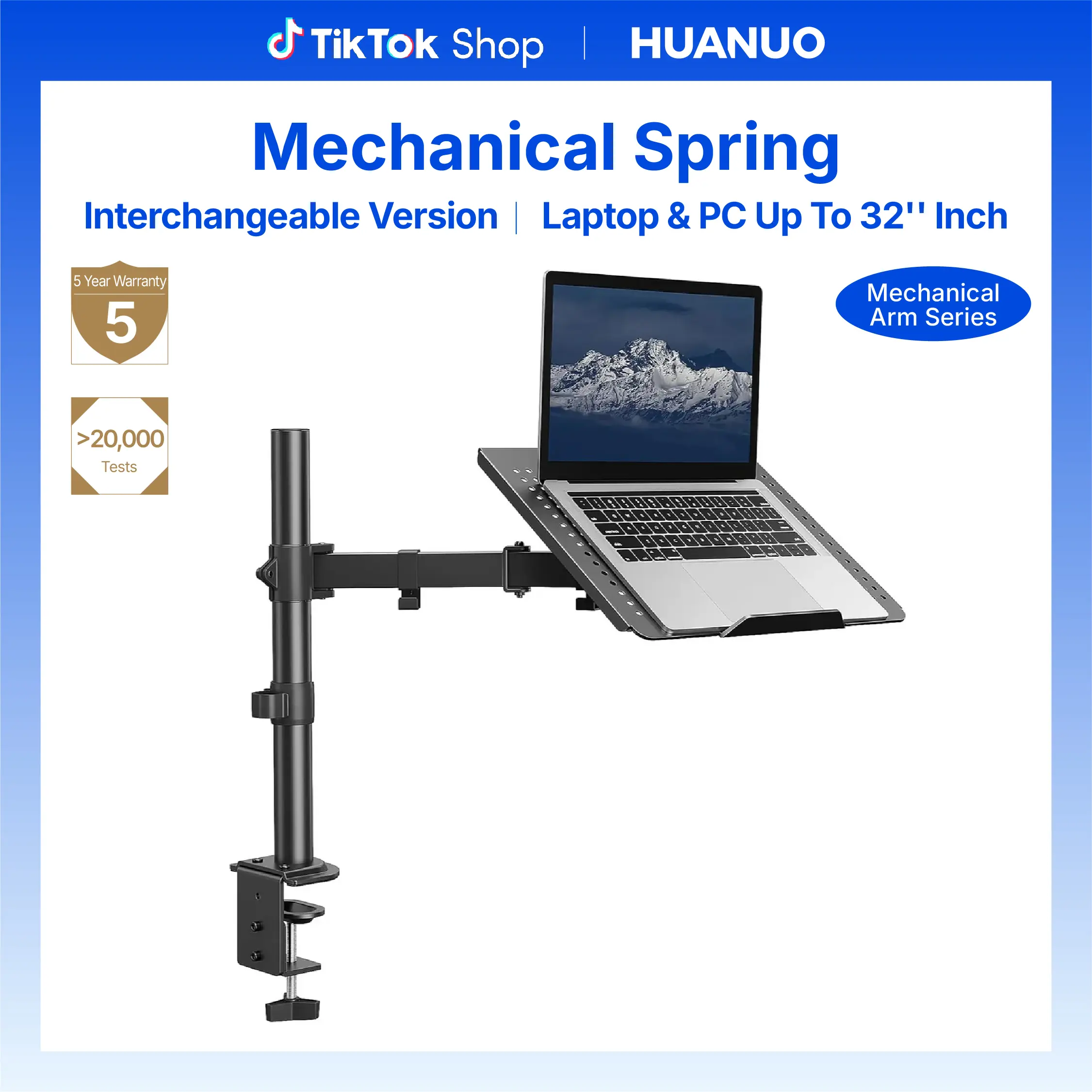 HUANUO Alloy Steel Laptop Stand for Desk - VESA Compatible Office Accessory, 16" Pole, 15"-32" Monitor Arm, 13.8”×11.8” Ventilated Tray, Fully Adjustable Tilt-Swivel-Rotation-Height, 22 lbs Capacity, Reduces Neck and Eye Strain