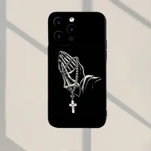 Designed as praying hands, phone case with rosary and cross / Made of shockproof TPU material, for iPhone 17 Air/16 Plus/15 Pro Max/14 Pro/13/12/11, suitable as a gift for family or friends, MS677