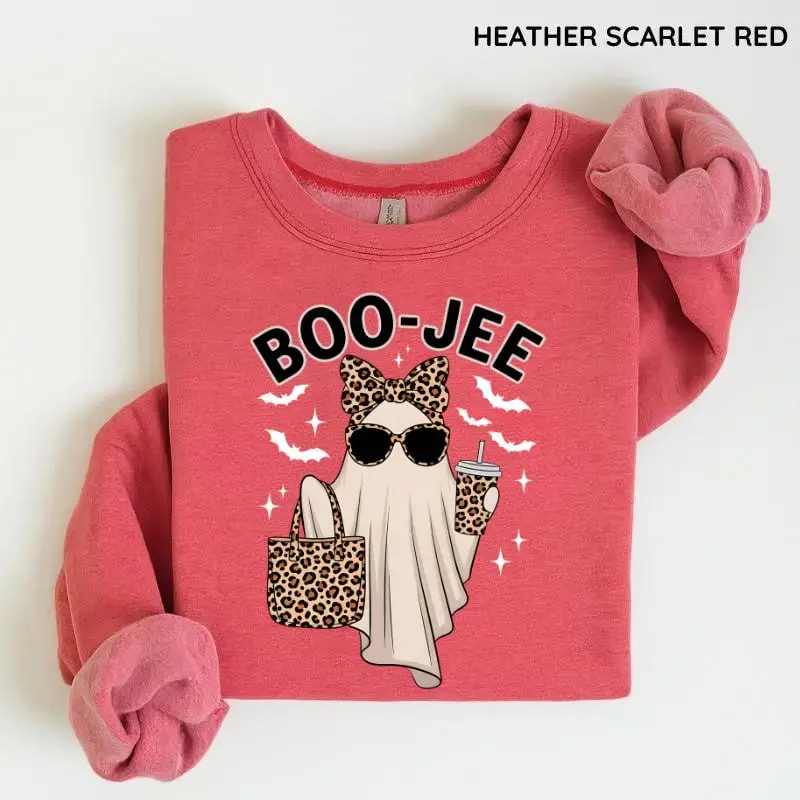 Boo-Jee Ghost Sweatshirt, Funny Leopard Ghost Graphic Crewneck, Cute Halloween Pullover for Women, Spooky Season Fall Sweatshirt, Cozy Autumn Gift Idea - AL
