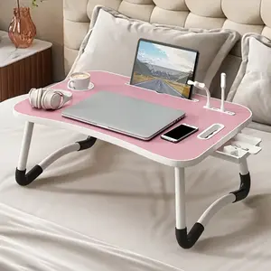 Portable Foldable Laptop Bed Table with 4 USB Ports Storage Drawer Cup Holder for Eating Reading Working 25.5L x 17.32W x 11.8H Solid Wood Particle Board