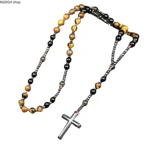 Unisex Luggage & Bags Accessory Rosary Necklace - Protection Amulet with Cross Chain, Obsidian-Tiger's Eye-Hematite Cross Charm Pendant Gift for Men & Women